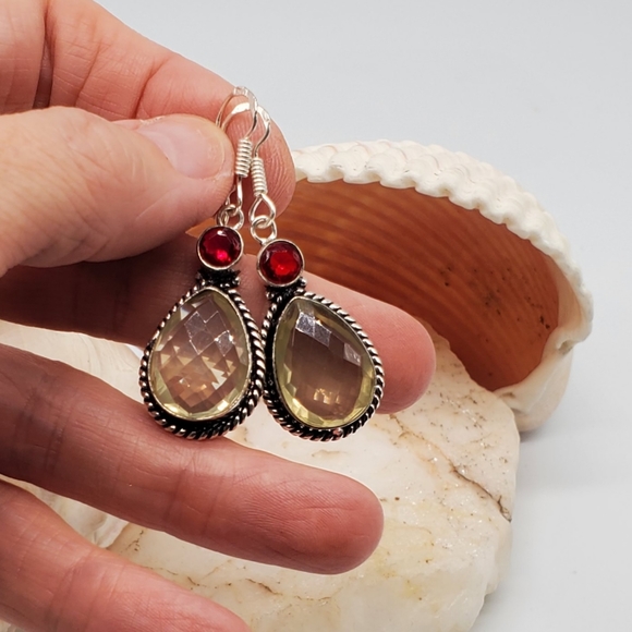 Genuine Stone Lemon Quartz Cherry Quartz Earrings - Picture 6 of 6